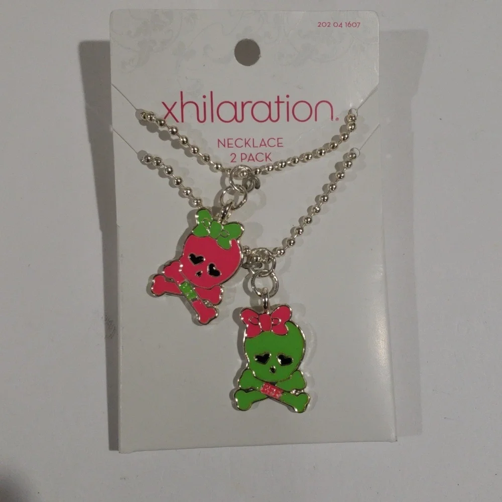 Xhilaration Silver Skull Charm Necklace Set Of 2 - Pink & Green Matching Jewelry